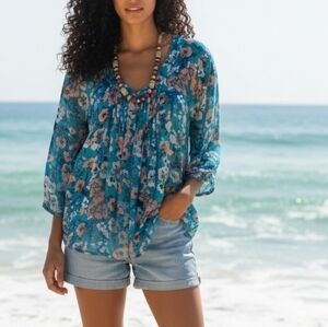 LC Lauren Conrad Floral Multicolor Semi Sheer Top Women's Sz XS Tropical Summer
